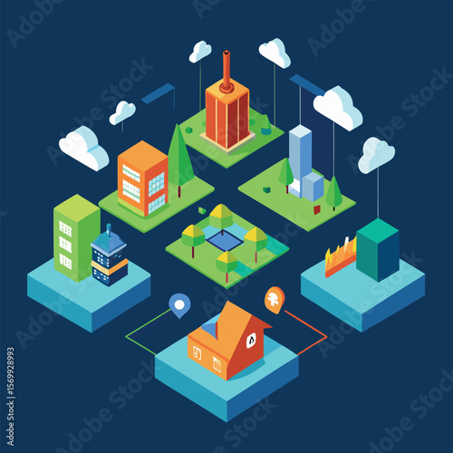 Isometric cityscape illustration featuring buildings parks and clouds representing urban planning or smart city concepts