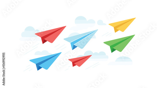 Colorful Paper Airplanes Flying High with Clouds - Freedom and Success Concept