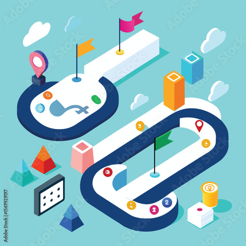 Isometric illustration of a winding path with flags markers and colorful geometric elements on a bright blue background.