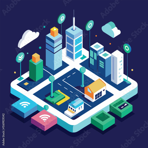 Isometric illustration of a smart city with buildings streets and wireless connectivity on a dark blue background.