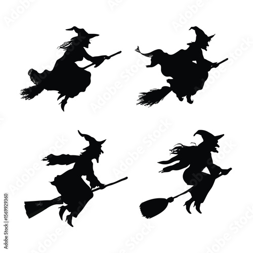witch on broom silhouette set, Black & White silhouette set