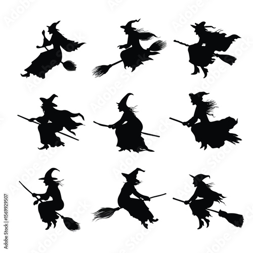 witch on broom silhouette set, Black & White silhouette set