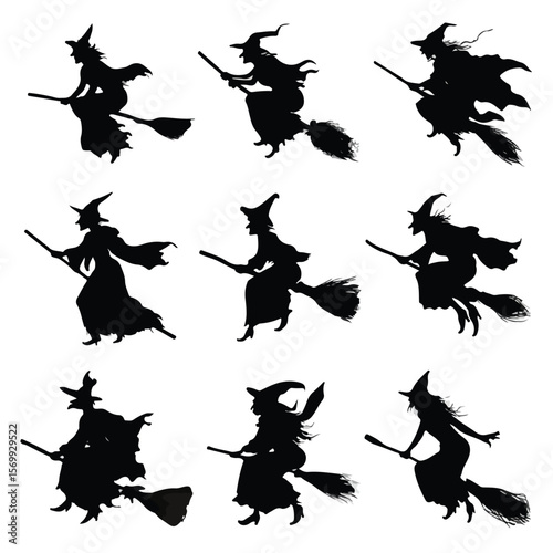 witch on broom silhouette set, Black & White silhouette set