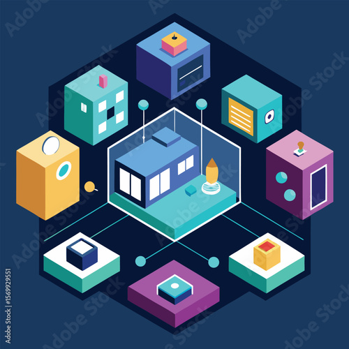 Isometric view of a modern digital city concept with interconnected futuristic buildings and network elements