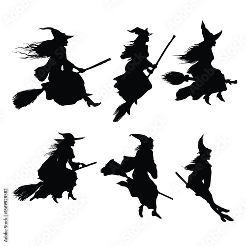 witch on broom silhouette set, Black & White silhouette set