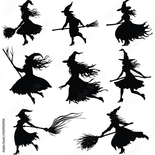 witch on broom silhouette set, Black & White silhouette set