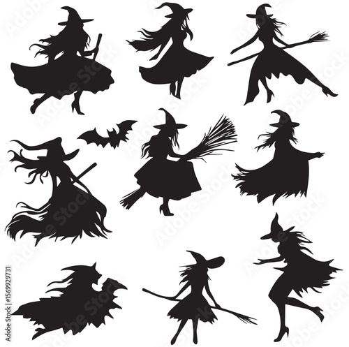 witch on broom silhouette set, Black & White silhouette set