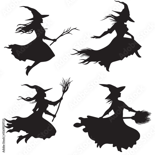 witch on broom silhouette set, Black & White silhouette set