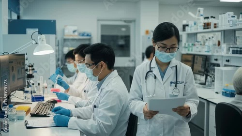 Medical team in laboratory conducting research. Scientists and doctors working on virus testing, vaccine development, and analyzing samples for infectious disease study