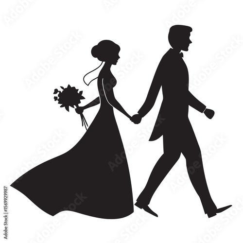 Silhouette of bride and groom walking together holding hands at wedding