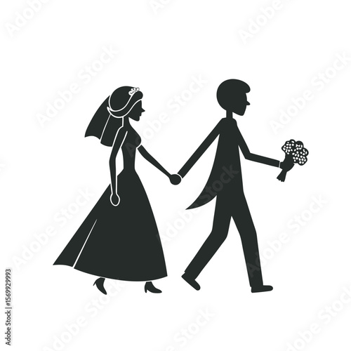 Black silhouette of wedding couple holding hands walking together isolated