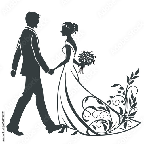 Elegant wedding silhouette couple holding hands floral ornament detail