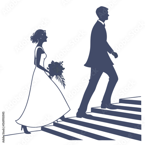 Silhouette wedding couple climbing stairs towards the future together vector illustration