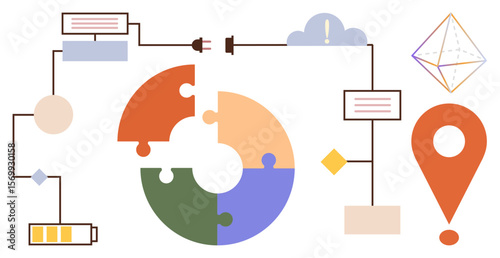 Puzzle chart, flowchart components, plug connection, battery icon, exclamation mark, diamond shape, and geometric element. Ideal for problem-solving, data flow process design teamwork innovation