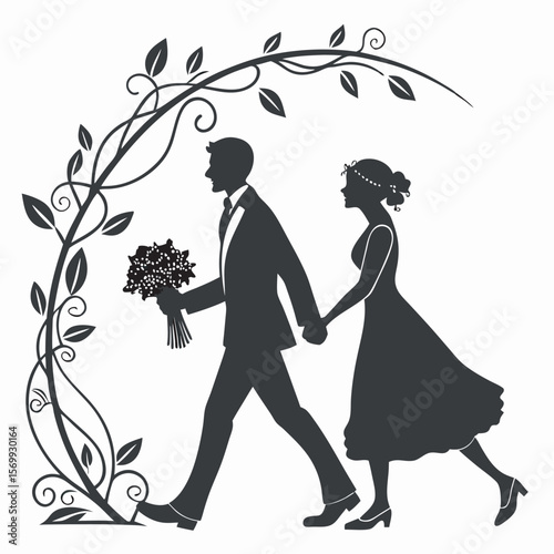 Elegant wedding silhouette of bride and groom walking under floral archway