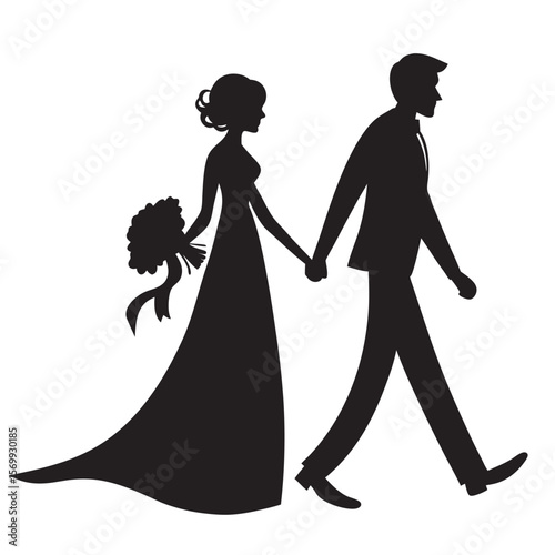 Elegant wedding couple silhouette bride and groom holding hands walking together
