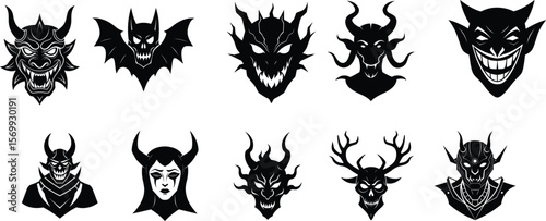 Demon Mask, Japanese Traditional devil mask isolated. Silhouette Vector Illustration with horns and detailed ornamental tattoo artistry on a white background. Halloween