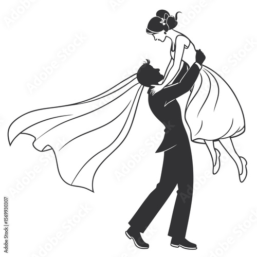 Silhouette of groom lifting bride in celebration with flowing veil vector