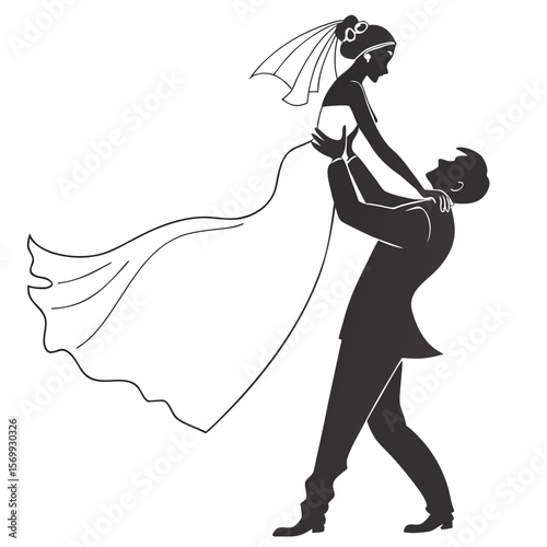Silhouette illustration of a groom lifting his bride in celebration on their wedding day