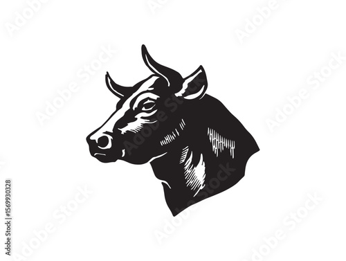 Black and white cartoon farm animals illustration with isolated cattle, a cute dairy cow, and a powerful bull silhouette