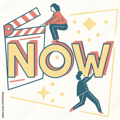 Illustration of people interacting with a clapperboard and the word now in a stylized way