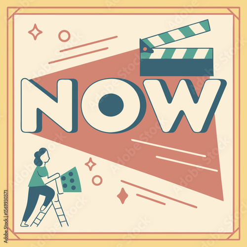 Illustration of a woman on a ladder with now text and a clapperboard in a vintage style