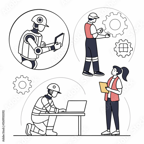 Illustration showing robots and humans working together on engineering and technology tasks in various settings