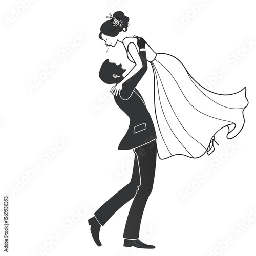 Newlyweds celebrating their wedding day groom lifting bride monochrome illustration