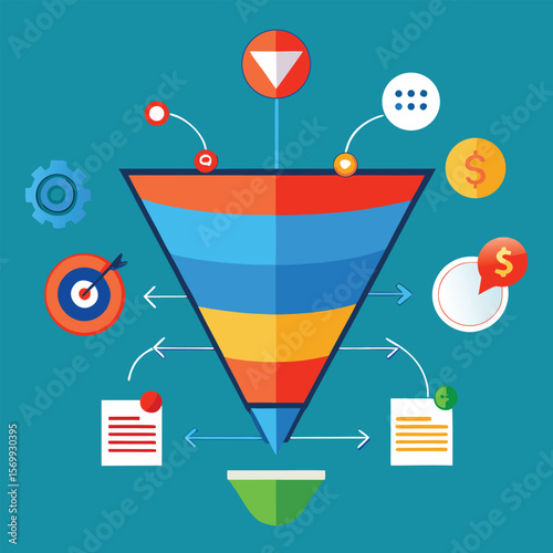 Sales funnel illustration representing conversion process with icons for marketing and business strategies
