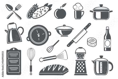 Assorted black and white kitchen utensils and food ingredients icons set