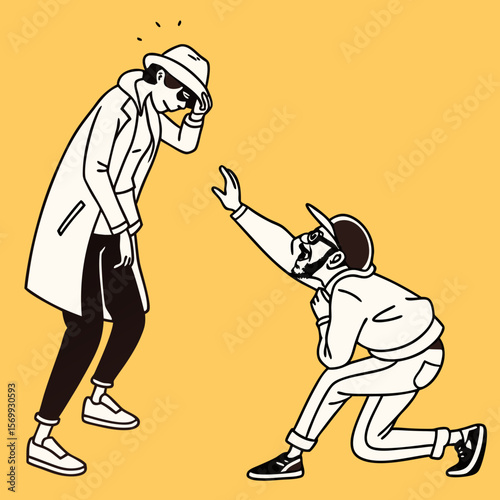 Man in coat and hat looking down as another man reaches up on a yellow colored background art