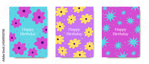 Happy Birthday Card. Template for banner, sales and promotion. Abstract modern colorful shapes, background design for notebooks, covers, brochures.