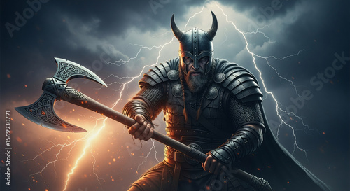 Viking warrior with battle axe in stormy night. Norse mythology hero, medieval scandinavian fighter. Fantasy game character, historical reenactment concept