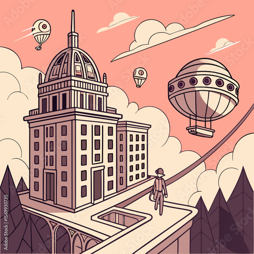 Illustration of a person walking on a bridge towards a building with airships in the sky above them