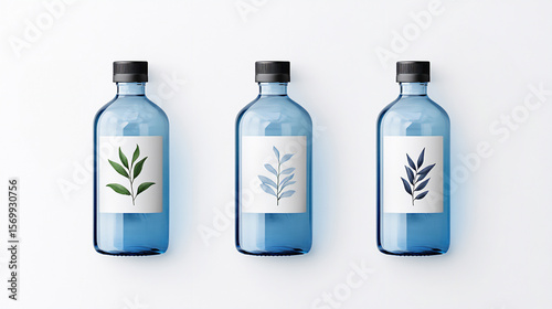 Three blue glass bottles with minimalist labels featuring botanical illustrations of leaves, arranged on a clean white background, showcasing modern design and eco-friendly packaging concepts