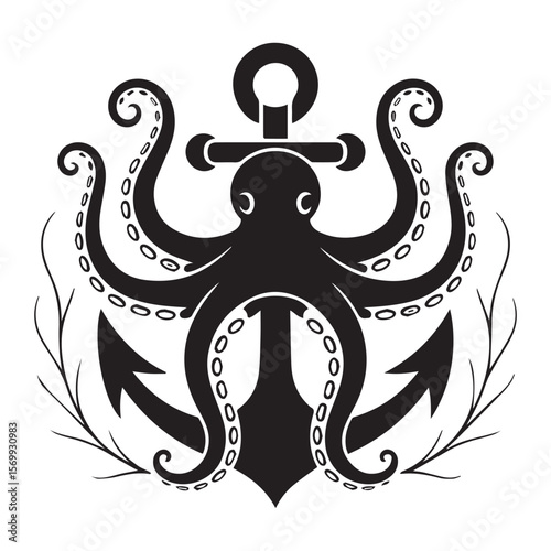Vector art of an octopus holding an anchor isolated on white background