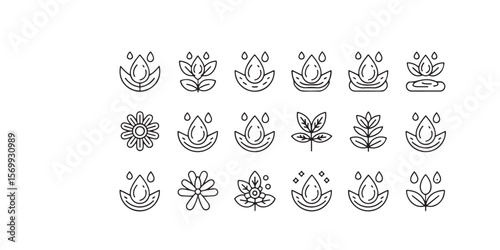 Collection of minimalist line art icons featuring water drops and various floral leaf designs isolated