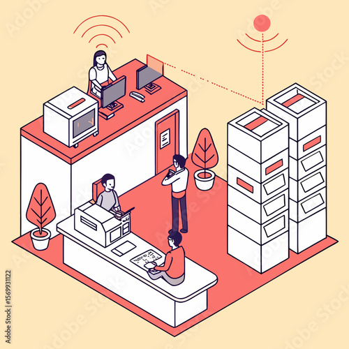 Isometric office scene depicting people working with computers and server racks emitting signals