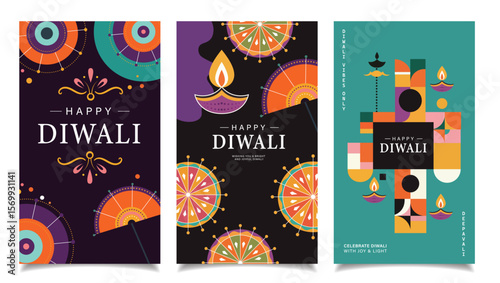 Happy Diwali Abstract Geometric Design Social Media Story Set