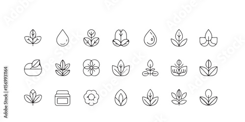 Collection of minimalist line art icons featuring water drops and various floral leaf designs isolated