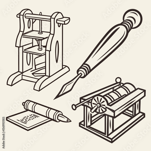 Illustration of printing press, stylus, and rolling press, tools for writing and printing history