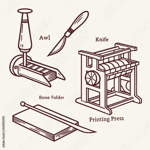 Illustration showing an awl, knife, bone folder and printing press in line art style drawing