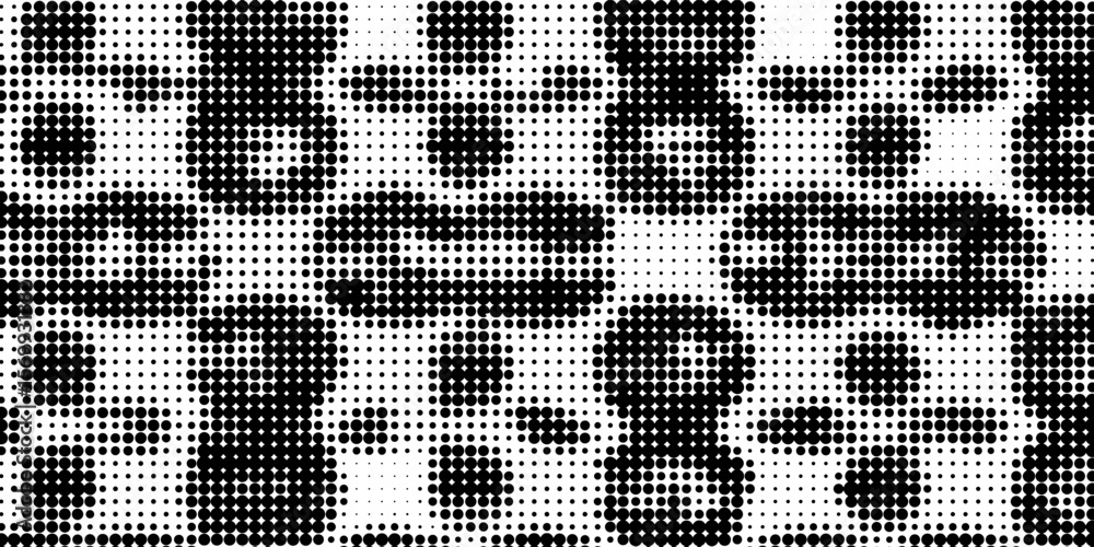 Fototapeta premium Pixelated bitmap gradient texture. Black and white dither pattern background. Abstract glitchy pattern. 8 bit video game screen wallpaper. Wide raster backdrop. Retro pixel art Illustration