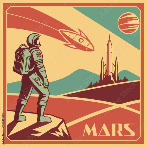 Astronaut looks at a rocket ship flying over a mars landscape with a base on the horizon