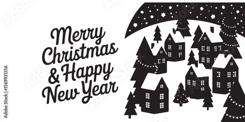 Merry christmas and happy new year with winter village silhouette and falling snow in black and white