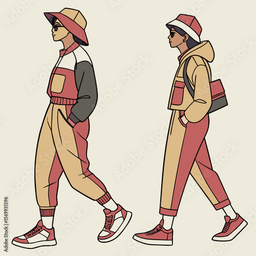 Two people in stylish tracksuits and bucket hats walking in opposite directions on a plain background