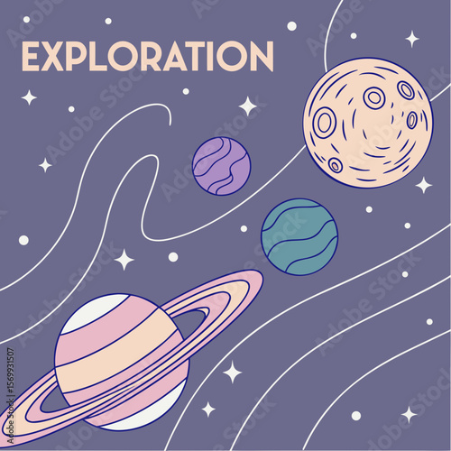 Illustration of saturn and other planets with stars and white lines on a purple background