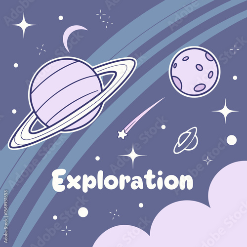 Illustration of a saturn like planet with rings and other celestial bodies in a space themed background