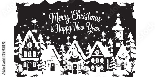 Black and white christmas and new year illustration with snowy houses and starry night sky scene