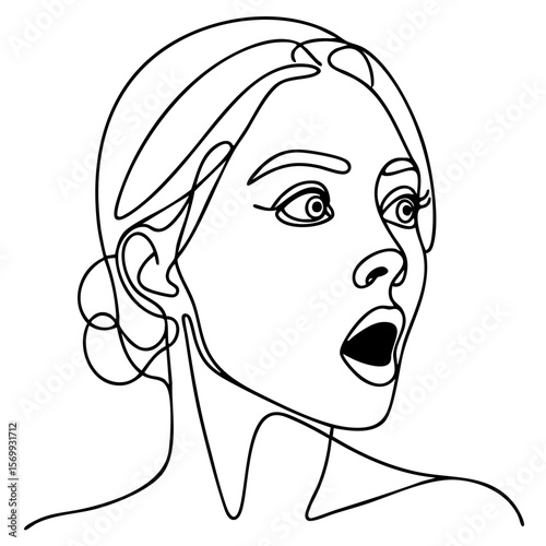 Woman's face with a shocked mood in a continuous line style